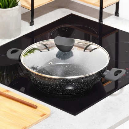 Patelnia granitowa głęboka ze szklaną pokrywką BLACK LINE 28 cm, 3,5 l