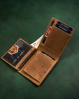 Skorzany portfel meski z kieszonka na karte