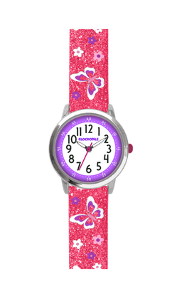 CLOCKODILE Błyszczący różowy zegarek dziewczęcy z motylami BUTTERFLIES