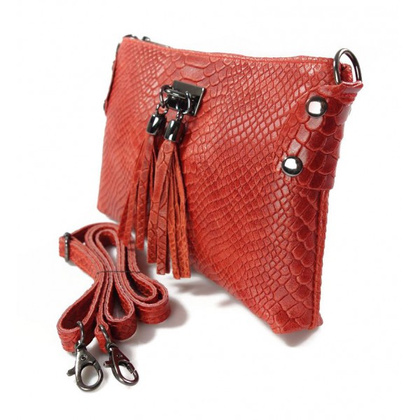 Skórzana włoska listonoszka ,wężowa skórka,frędzelki czerwona LP149R