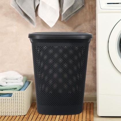 Kosz na pranie pojemnik łazienkowy na odzież bieliznę z pokrywą czarny 60 l