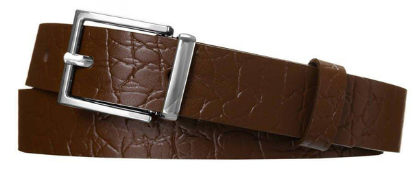 Ciekawy skórzany pasek damski ze srebrną klamrą, motyw zwierzęcy