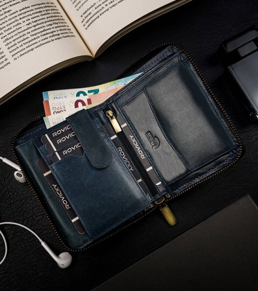 Pionowy portfel męski na zamek z przeszyciami, skóra naturalna