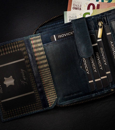 Pionowy portfel męski na zamek z przeszyciami, skóra naturalna