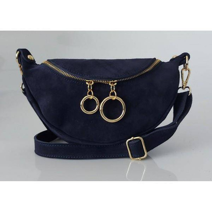 Włoska zamszowa listonoszka, nerka Vera Pelle złote okucia kółka Granatowa LN633BS
