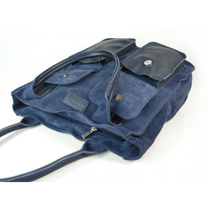 Zamszowy worek Vera Pelle ,pojemna skórzana torba ,kieszenie XXL A4 Granatowy BYC88BS