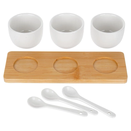 Miseczki na przekąski z łyżeczkami ceramiczne białe 90 ml 7 el.