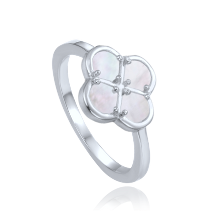 MINET Pierścien srebrny koniczyna z białą masą perłową wielkość 18