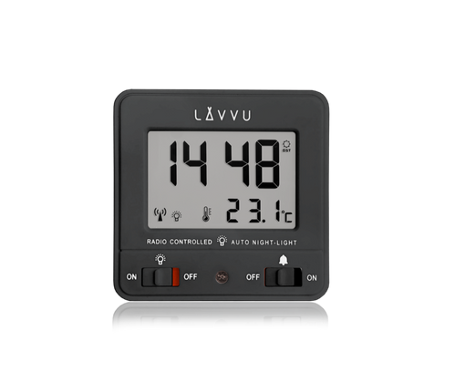 LAVVU Cyfrowy budzik sterowany radiowo NORDLYS czarny z czujnikiem światła