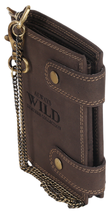 Atrakcyjny, skórzany portfel męski z mosiężnym łańcuchem