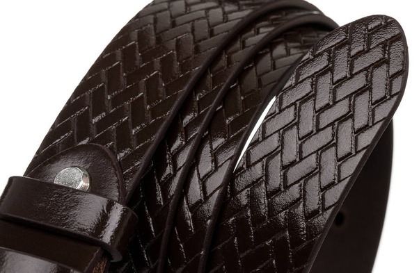 Pasek męski ze skóry naturalnej licowej z plecionym wzorem 95cm brązowy