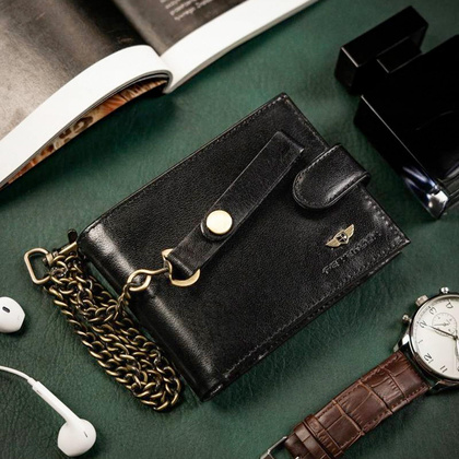 Poziomy portfel męski ze skóry naturalnej z łańcuchem