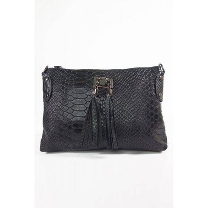 Skórzana włoska listonoszka ,wężowa skórka,frędzelki czarna LP149N