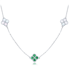 MINET Pozłacany srebrny naszyjnik koniczynkami z białą masą perłową i malachitem