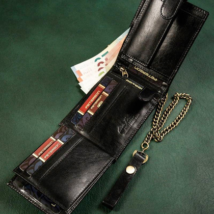 Poziomy portfel męski ze skóry naturalnej z łańcuchem
