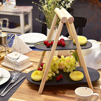 Patera 2-poziomowa drewniana kamienna 41x24x38,5 cm