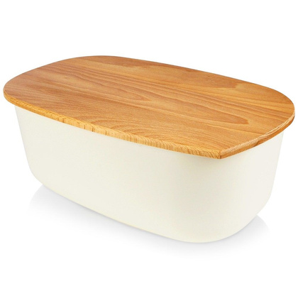 Chlebak pojemnik na pieczywo z drewnianą deską kremowy 39x23,5x15,5 cm