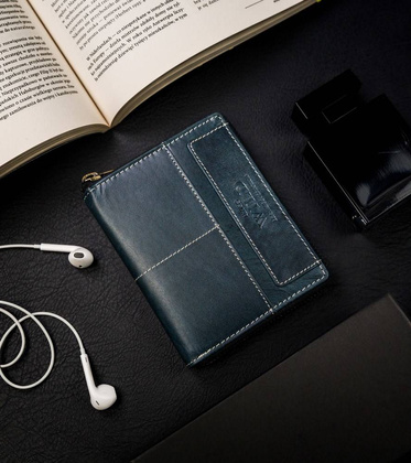 Pionowy portfel męski na zamek z przeszyciami, skóra naturalna