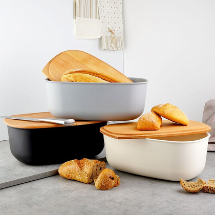 Chlebak pojemnik na pieczywo z drewnianą deską czarny 39x23,5x15,5 cm
