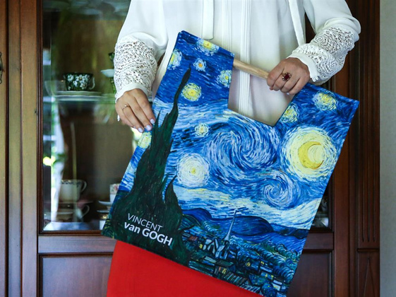Torba z drewnianym uchwytem - V. van Gogh, Gwiaździsta noc nad Rodanem (CARMANI)
