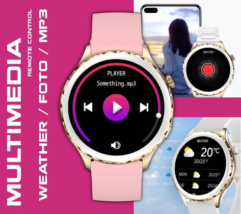 Smartwatch Damski Rubicon RNCF02-2 Złoto-Złoty + Różowy Silikonowy Pasek