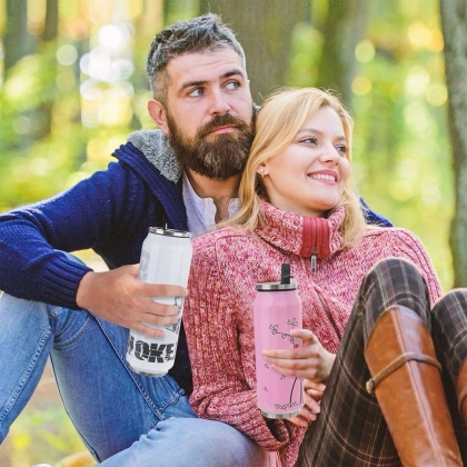 Kubek termiczny termos bidon drzewo z sercami różowy PUSZKA 400 ml