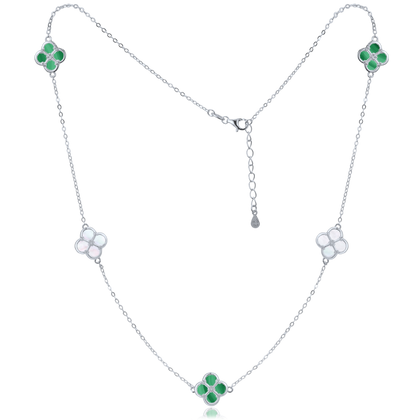 MINET Pozłacany srebrny naszyjnik koniczynkami z białą masą perłową i malachitem