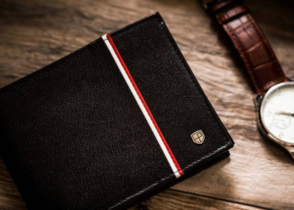 Zestaw prezentowy skorzany portfe meski i aluminiowe etui na karty