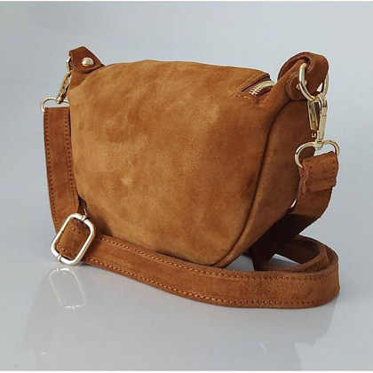 Włoska zamszowa listonoszka, nerka Vera Pelle złote okucia kółka Camel LN633C