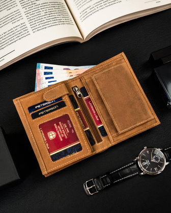 Skorzany portfel meski z kieszonka na suwak