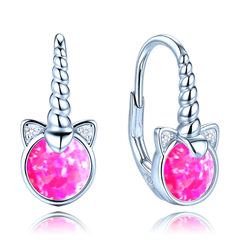 MINET Dziecięce srebrne kolczyki jednorożce z różowymi opalami i białymi cyrkoniami