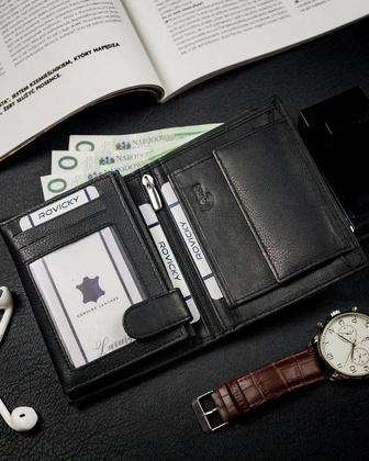 Składany, pionowy portfel męski z kieszonką na suwak, skóra naturalna