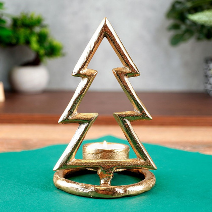 Świecznik na świeczkę tealight aluminiowy złoty choinka 16 cm