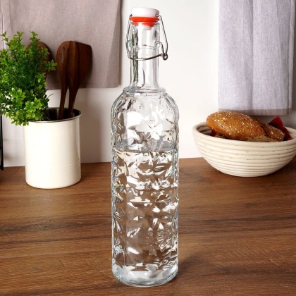 Butelka szklana zdobiona na alkohol wino nalewkę likier syrop sok z korkiem klipsem 1,1 l