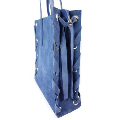 Zamszowa torba Shopper bag ,duży worek, kółka, Vera Pelle pojemny Niebieski WK745BS