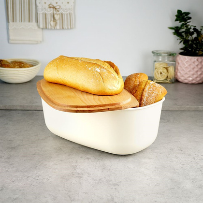 Chlebak pojemnik na pieczywo z drewnianą deską kremowy 39x23,5x15,5 cm