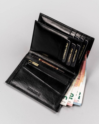 Skórzany portfel męski z czerwonym akcentem