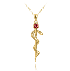 MINET Pozłacany naszyjnik srebrny LASKA ESKULAPA z czerwoną cyrkonią
