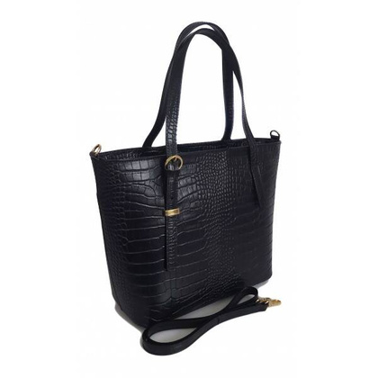 Włoska skórzana torebka na ramię Vera Pelle ,złote okucia,format A4, Czarna skóra kroko GL55COCON