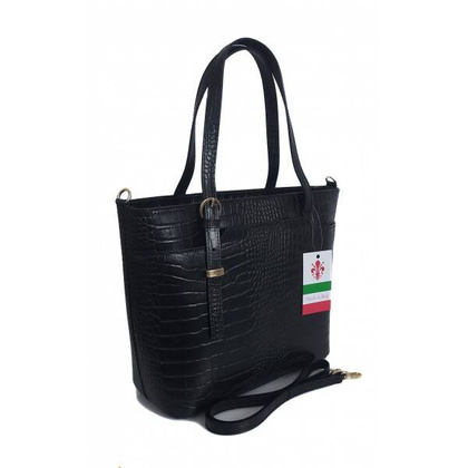 Włoska skórzana torebka na ramię Vera Pelle ,złote okucia,format A4, Czarna skóra kroko GL55COCON