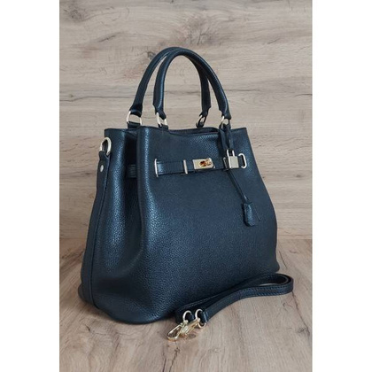 Skórzana Włoska duża torba Vera Pelle,złote okucia ,kłódka Czarna BERK753N