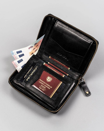 Skórzany portfel na zamek z powłoką carbon