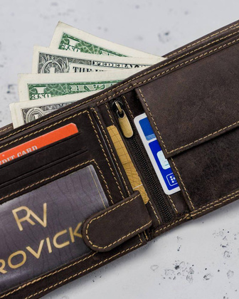 Poziomy, składany portfel męski z zewnętrzną kieszonką na kartę