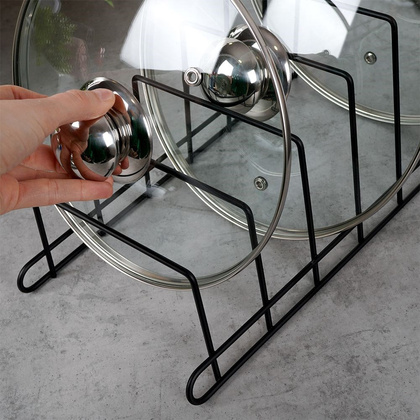 Stojak na pokrywki i talerze metalowy czarny 34x18x18 cm
