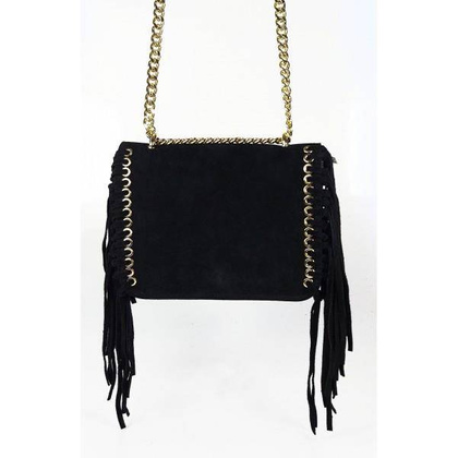 Piękna duża listonoszka A5 frędzle ,złoto ,dzety ,łańcuch skóra zamsz z dollaro czarna VPZ88N