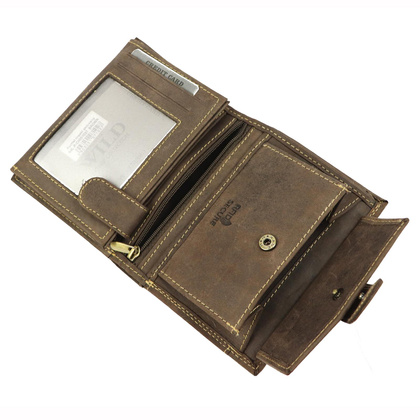 Pionowy, zapinany portfel męski z zewnętrzną kieszonką na kartę