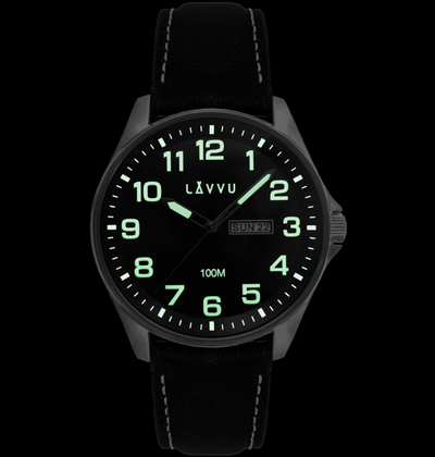LAVVU Zegarek ze stali nierdzewnej BERGEN Black / Top Grain Leather ze świecącymi cyframi