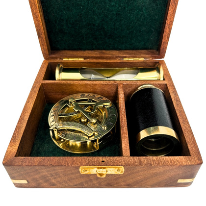 Zestaw Upominkowy Retro – Kompas, Luneta, Klepsydra w Pudełku Drewnianym - NC102365