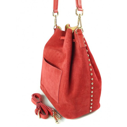 Duży zamszowy skórzany worek na ramię złote okucia dzety czerwony MK46R