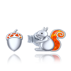 MINET Srebrne kolczyki wiewiórka i orzech z opalem